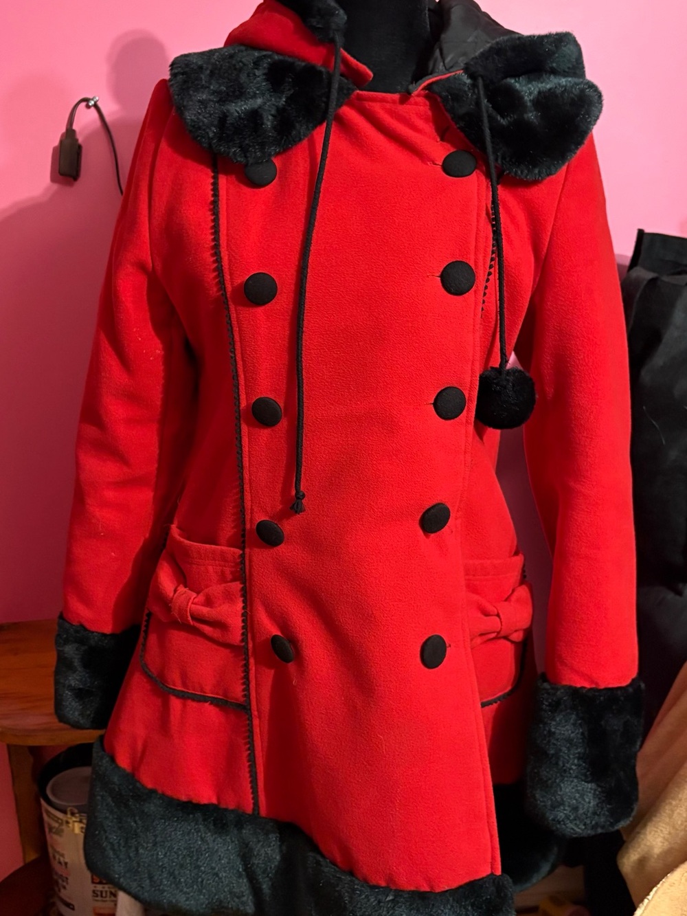 Hell Bunny Red Pea Coat with Black Faux Fur Accents